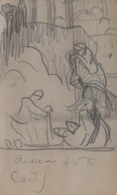 Attributed to Sir Frank Brangwyn R.A., R.W.S. (1876-1967), 'Playing dice', inscribed, pencil on paper, label verso, 18 x 11cm